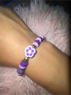 Purple Floral Beaded Bracelet - Unbranded